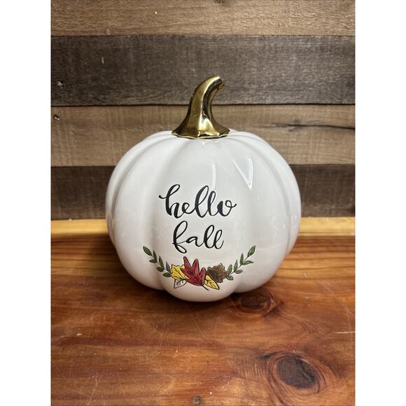 Martha Stewart Porcelain Ceramic Pumpkin HELLO FALL White with Gold Autumn Fall - Picture 1 of 5